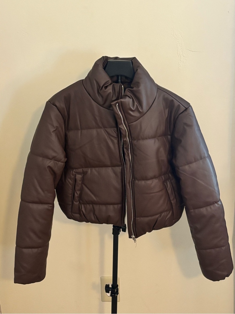 Fashion Nova Faux Leather Cropped Puffer Jacket Chocolate Brown - Picture 3 of 6